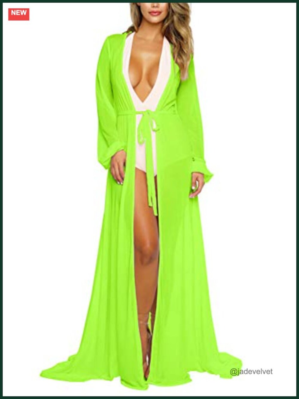 Women's Long Sleeve Mesh Cover Up Tie Front V-Neck Flowy Maxi Beach Dress